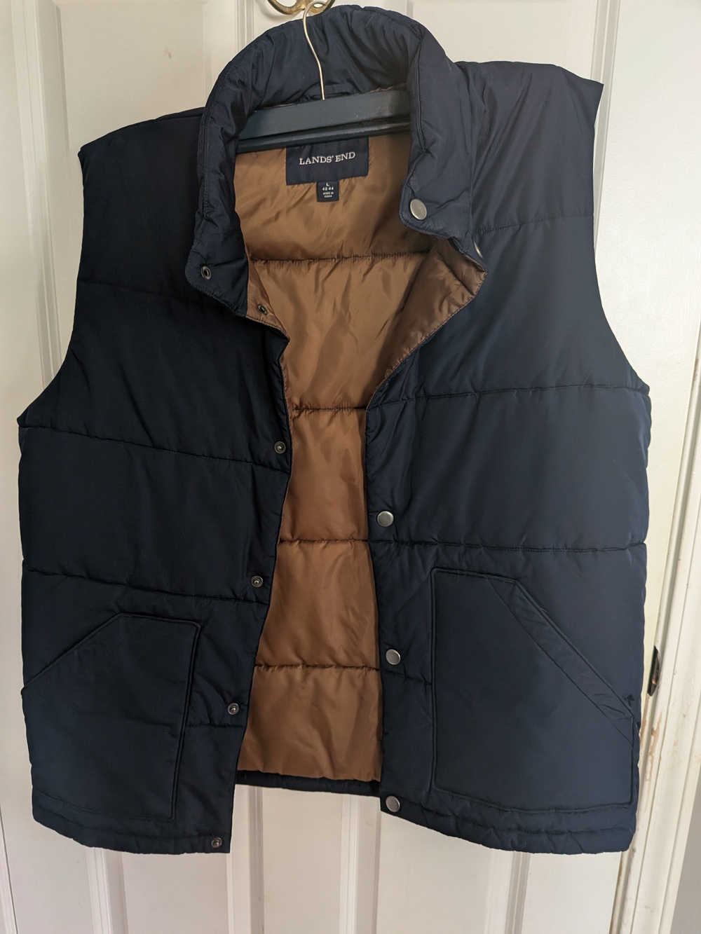 Lands' End Navy Puffer Vest with Brown Interior